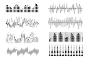 Sound waves mega set in graphic flat design. Bundle elements of curve soundwaves with different frequency, voice and signal waveform, music and audio symbols. Vector illustration isolated stickers