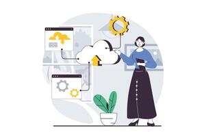 SaaS concept with people scene in flat design for web. Woman doing work tasks online, making backup and upload data in cloud storage. Vector illustration for social media banner, marketing material.