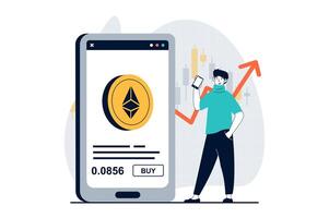 criptomoneda mercado concepto con personas escena en plano diseño para web. hombre comprando ethereum monedas y gerente en bancario aplicación vector ilustración para social medios de comunicación bandera, márketing material.