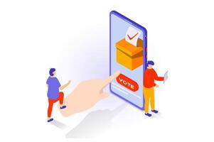 Election and voting concept in 3d isometric design. People vote online in democratic elections using mobile app to choose their candidate. Vector illustration with isometry scene for web graphic