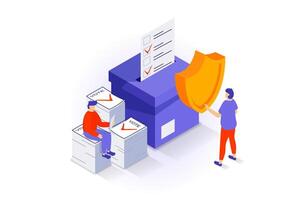 Election and voting concept in 3d isometric design. People vote in elections and put paper forms in safe ballot box, vote count and result. Vector illustration with isometry scene for web graphic