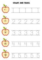 contar manzana semillas y rastro números. educativo hoja de cálculo para niños. vector