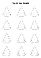 Trace all cones. Handwriting practice for kids. Black and white worksheet. vector