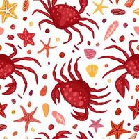 Cute crabs, seashells, starfish. Abstract vector seamless pattern. Colored cartoon ornament with sea animals. Funny design for print, fabric, textile, background, wallpaper, wrap, card, decor.