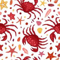 Cute crabs, seashells, starfish. Abstract vector seamless pattern. Colored cartoon ornament with sea animals. Funny design for print, fabric, textile, background, wallpaper, wrap, card, decor.