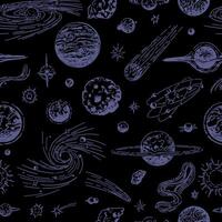 Cosmic space seamless pattern. Abstract ornament of planets, stars, comets, asteroids, galaxies. Hand drawn vector astronomy illustrations.