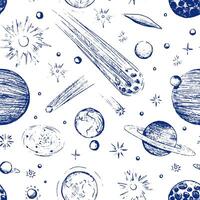 Cosmic space seamless pattern. Abstract ornament of planets, stars, comets, asteroids, galaxies. Hand drawn vector astronomy illustrations.