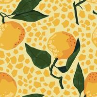 Seamless pattern of tangerines in modern geometric style. Vector illustration of citrus fruits. Mandarin oranges abstract ornament.