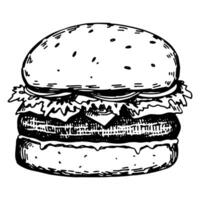 Hamburger sketch, tasty sandwich. Hand drawn vector illustration in retro style. Single fast food doodle. Outline clipart isolated on white background.