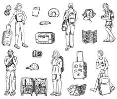 Journey doodles collection. Sketches set of people traveling, trip attributes, luggage, accessories. Vector illustration in engraving style isolated on white.