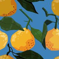 Seamless pattern of tangerines in modern geometric style. Vector illustration of citrus fruits. Mandarin oranges abstract ornament.