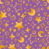 Abstract hand drawn vector seamless pattern. Bright colorful ornament of cute stars, moons, random shapes. Universal design for print, wrap, fabric, textile, wallpapers, background, decoration, cards.