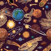 resumen cósmico espacio sin costura modelo. ornamento de planetas, estrellas, cometas, asteroides, galaxias mano dibujado vistoso vector ilustraciones.