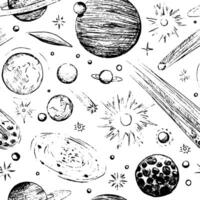 Cosmic space seamless pattern. Abstract ornament of planets, stars, comets, asteroids, galaxies. Hand drawn vector astronomy illustrations.