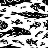 Abstract fishes simple geometric style ornament. Seamless pattern of underwater sea creatures in primitive art style. Hand drawn vector illustration.