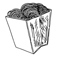 Sketch of spaghetti in box, noodles. Takeaway food doodle. Hand drawn vector illustration in retro style. Outline clipart isolated on white background.