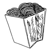 bosquejo de espaguetis en caja, fideos. para llevar comida garabatear. mano dibujado vector ilustración en retro estilo. contorno clipart aislado en blanco antecedentes.