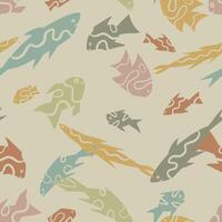 Abstract fishes simple geometric style ornament. Seamless pattern of underwater sea creatures in primitive art style. Hand drawn vector illustration.