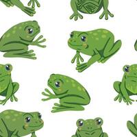 Cute frogs, hand drawn vector seamless pattern. Colored cartoon ornament with animals. Funny design for print, fabric, textile, background, wallpaper, wrapping, card, decoration.