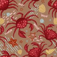 Cute crabs, seashells, starfish. Abstract vector seamless pattern. Colored cartoon ornament with sea animals. Funny design for print, fabric, textile, background, wallpaper, wrap, card, decor.