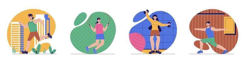 Fitness concept with people scenes set in flat web design. Bundle of character situations with men and women running, exercising with jumping rope, dumbbell training, doing yoga. Vector illustrations.
