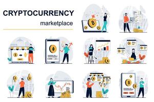 Cryptocurrency marketplace concept with character situations mega set. Bundle of scenes people analysing financial trends on exchange, buy or sell bitcoins. Vector illustrations in flat web design