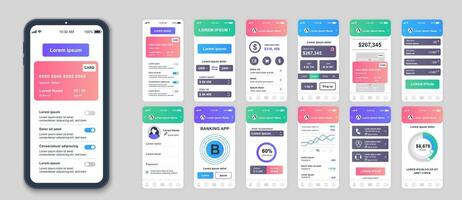 Banking mobile app screens set for web templates. Pack of credit card information, financial management, online payments menu. UI, UX, GUI user interface kit for cellphone layouts. Vector design