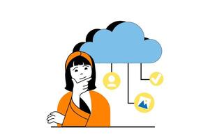 Cloud computing concept with people scene in flat web design. Woman uploading different content data and backup files at cloud storage. Vector illustration for social media banner, marketing material.