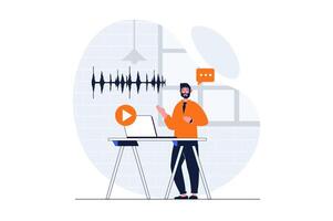 Podcast streaming web concept with character scene. Man recording voice audio and making broadcast in studio. People situation in flat design. Vector illustration for social media marketing material.