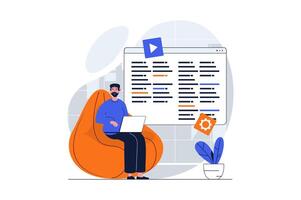 ui ux desarrollo web concepto con personaje escena. hombre codificación y pruebas código para haciendo estructura metálica modelo. personas situación en plano diseño. vector ilustración para social medios de comunicación márketing material.
