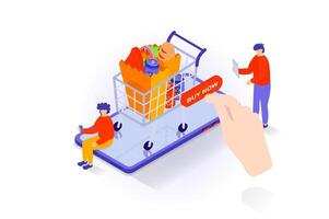 Food delivery concept in 3d isometric design. People ordering products bags in cart from supermarket or grocery store and buying online in app. Vector illustration with isometry scene for web graphic