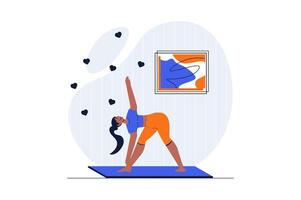 Yoga asanas concept with character scene. Woman practising yoga poses, doing stretching exercises or pilates. People situation in flat design. Vector illustration for social media marketing material.