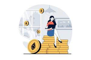 Cryptocurrency mining concept with people scene in flat design for web. Woman investing money and mining bitcoin, litecoin, ethereum. Vector illustration for social media banner, marketing material.