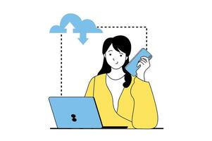 Cloud computing concept with people scene in flat web design. Woman sync her data files and making optimization with different devices. Vector illustration for social media banner, marketing material.