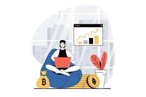 criptomoneda minería concepto con personas escena en plano diseño para web. hombre analizando cripto mercado, invertir dinero en minería granja. vector ilustración para social medios de comunicación bandera, márketing material.