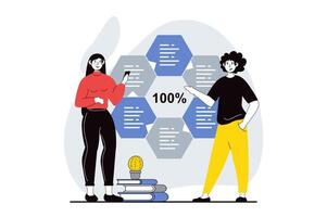 Data analysis concept with people scene in flat design for web. Man and woman working with charts, brainstorming and discussing result. Vector illustration for social media banner, marketing material.