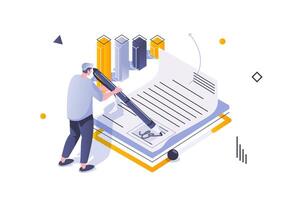 Business marketing concept in 3d isometric design. Businessman signing documents partnership agreement, getting bank deposit for invest. Vector illustration with isometric people scene for web graphic