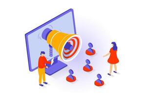 Social media concept in 3d isometric design. People using megaphone and online advertising tools for promotion blogs and attracting followers. Vector illustration with isometry scene for web graphic