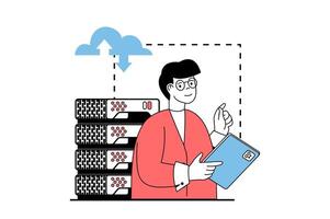 Cloud computing concept with people scene in flat web design. Man working as administrator in server room and monitoring hardware. Vector illustration for social media banner, marketing material.