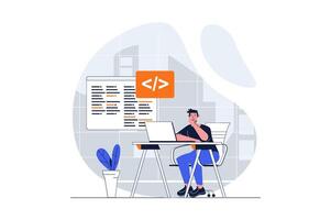 UI UX development web concept with character scene. Man creating code and working with testing prototype. People situation in flat design. Vector illustration for social media marketing material.