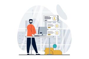 Cryptocurrency marketplace concept with people scene in flat design for web. Man buying crypto coins and managing banking profile. Vector illustration for social media banner, marketing material.