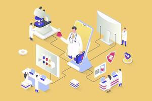 Medicine concept in 3d isometric design. Doctor consults patients online, medical laboratory does tests, pharmacy sells medicines. Vector illustration with isometry people scene for web graphic