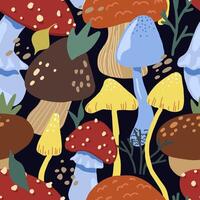 Cute mushrooms flat hand drawn vector seamless pattern. Colorful wallpaper in scandinavian style. Autumn harvest sketches background for original design, print, wrapping, textile, fabric, decor, card.