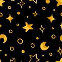 Abstract hand drawn vector seamless pattern. Bright colorful ornament of cute stars, moons, random shapes. Universal design for print, wrap, fabric, textile, wallpapers, background, decoration, cards.