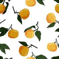 Seamless pattern of tangerines in modern geometric style. Vector illustration of citrus fruits. Mandarin oranges abstract ornament.