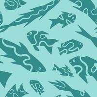 Abstract fishes simple geometric style ornament. Seamless pattern of underwater sea creatures in primitive art style. Hand drawn vector illustration.