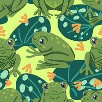 Cute frogs, water lily leaves, swamp plants. Abstract vector seamless pattern. Colored cartoon ornament with animals. Funny design for print, fabric, textile, background, wallpaper, wrap, card, decor.