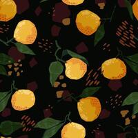 Seamless pattern of tangerines in modern geometric style. Vector illustration of citrus fruits. Mandarin oranges abstract ornament.