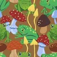 Cute frogs and forest mushrooms. Abstract hand drawn vector seamless pattern. Colored cartoon ornament with animals. Funny design for print, fabric, textile, background, wallpaper, wrap, card, decor.