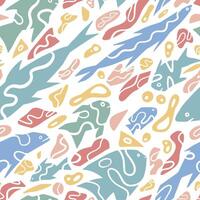 Abstract fishes simple geometric style ornament. Seamless pattern of underwater sea creatures in primitive art style. Hand drawn vector illustration.